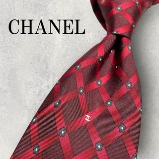 シャネル(CHANEL)の美品 CHANEL シャネル ココマーク カメリア 格子柄 ネクタイ ボルドー(ネクタイ)