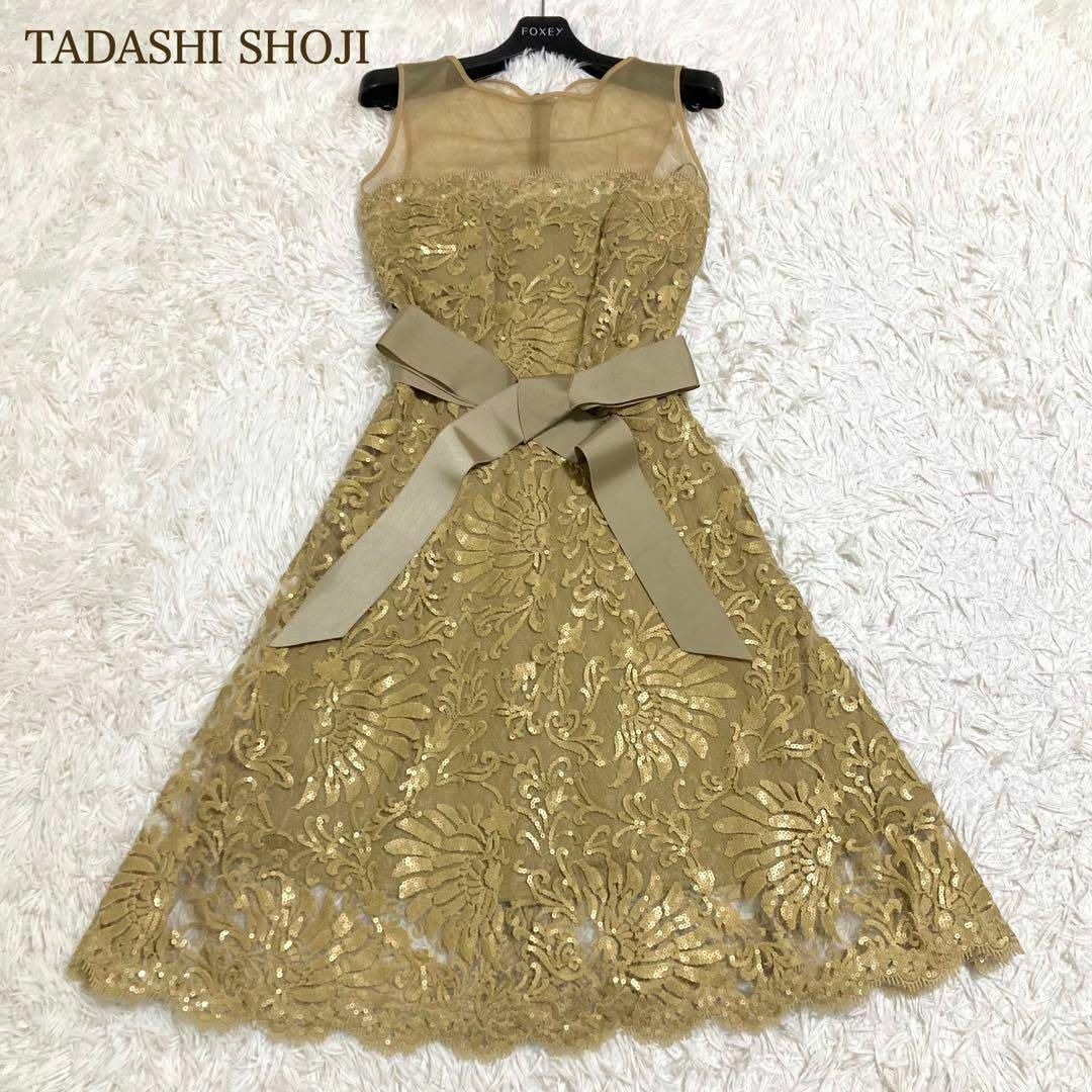 TADASHI SHOJI(タダシショウジ)のタダシショージ　ワンピース　スパンコール　刺繍　リボンベルト　2　パーティ レディースのワンピース(ひざ丈ワンピース)の商品写真