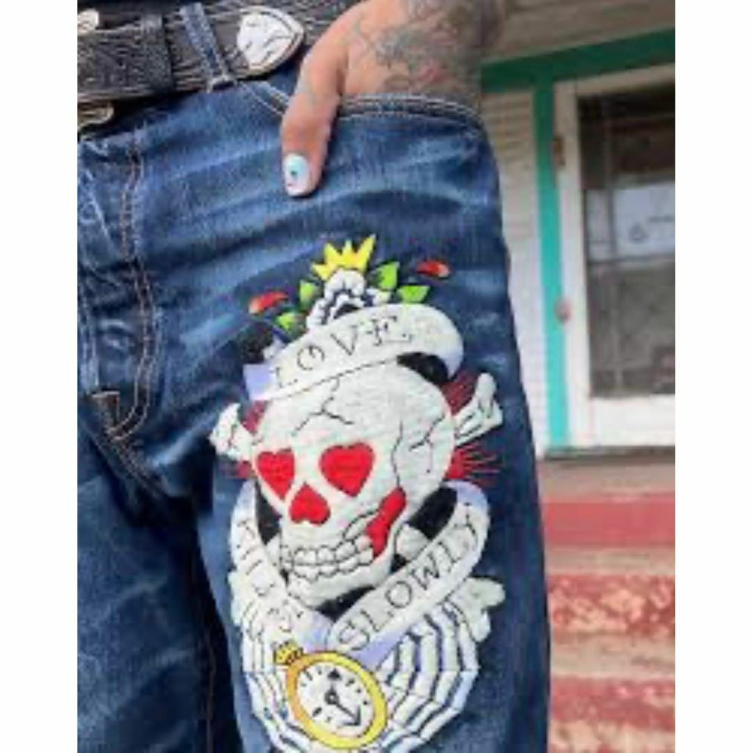 Ed Hardy(エドハーディー)のエドハーディー スカル刺繍 デニムパンツ メンズ ブルー W29 L34 メンズのパンツ(デニム/ジーンズ)の商品写真