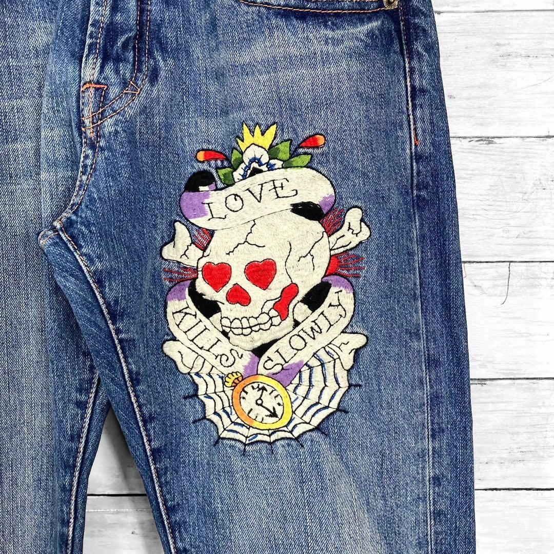 Ed Hardy(エドハーディー)のエドハーディー スカル刺繍 デニムパンツ メンズ ブルー W29 L34 メンズのパンツ(デニム/ジーンズ)の商品写真