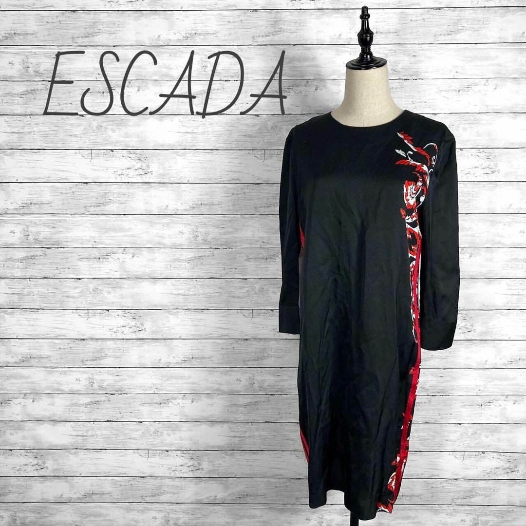 ESCADA(エスカーダ)のエスカーダ 花柄サイドラインワンピース ブラック レディース 38サイズ レディースのワンピース(ひざ丈ワンピース)の商品写真