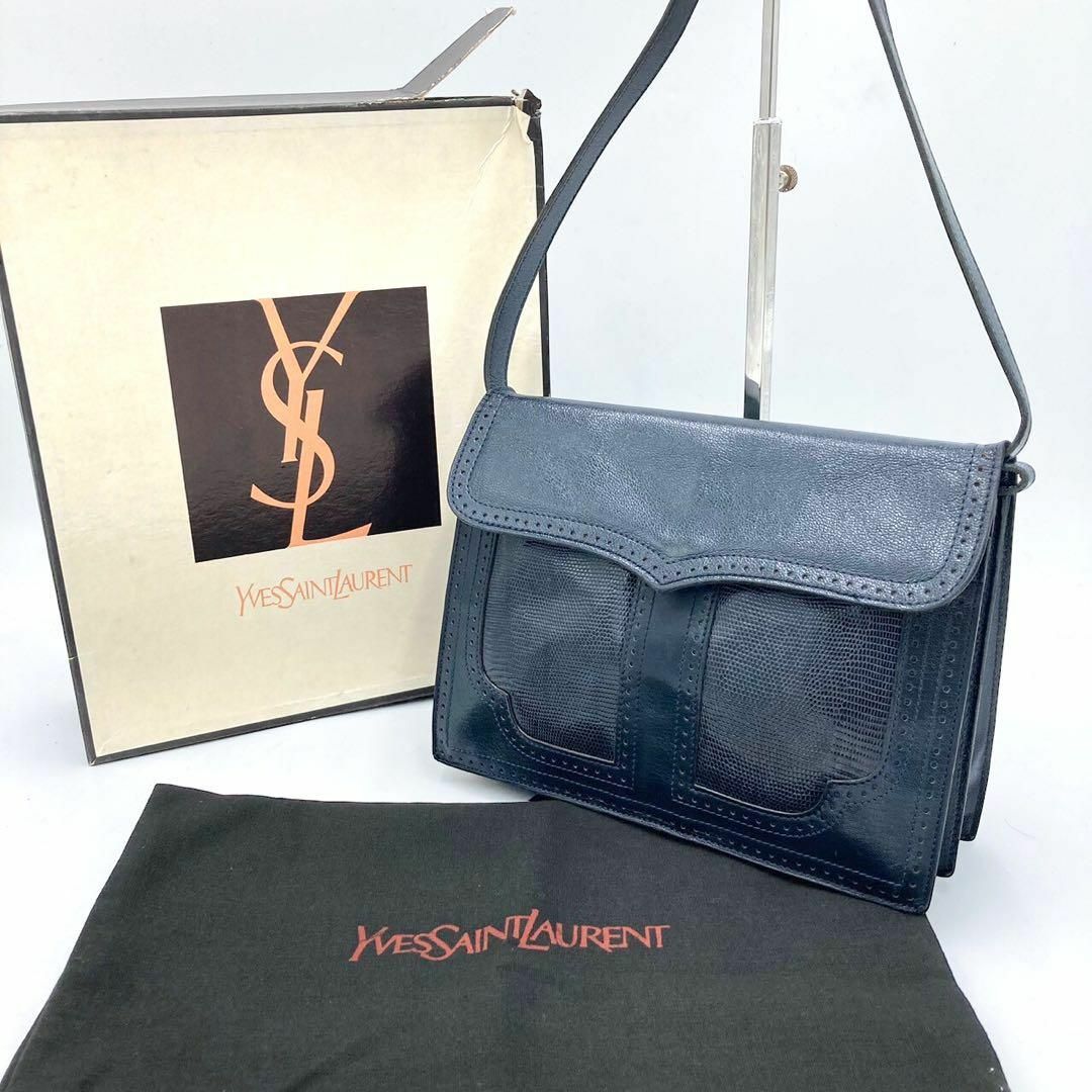 Yves Saint Laurent - イヴサンローラン リザードレザーショルダーバッグ ネイビー レディース