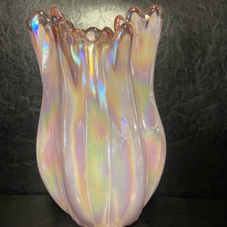 クリスタル　花瓶　ピンク　クラタ　クラフト　グラス　ピンク　昭和　レトロ　フリル(花瓶)