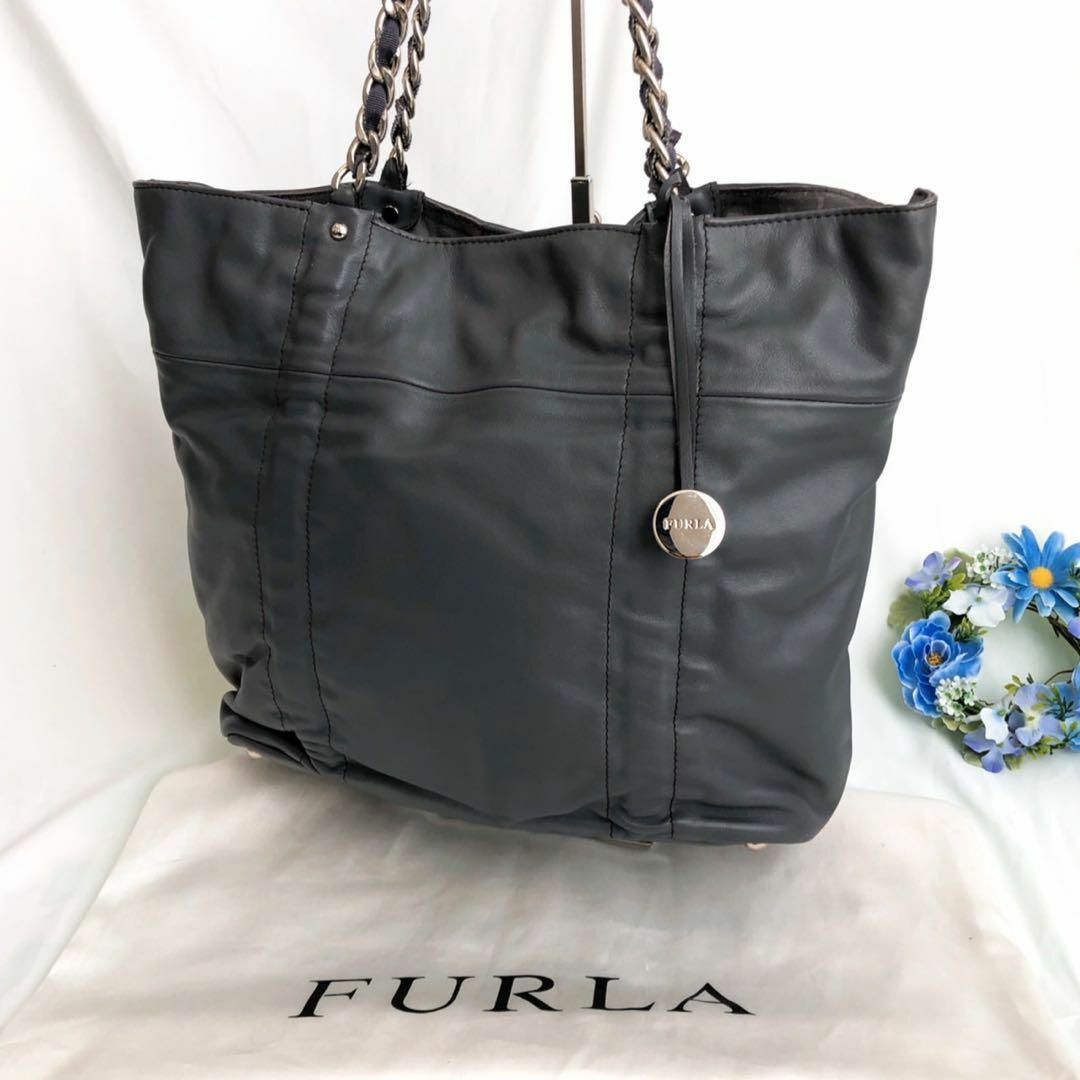 Furla - 【美品】フルラ トートバッグ グレー レザー 肩掛け チェーン