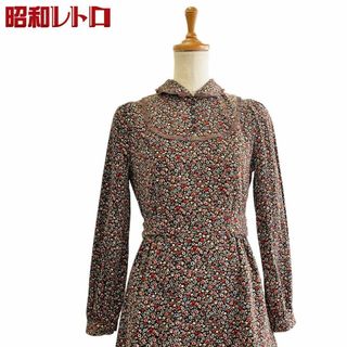 【昭和レトロ】ベロア調小花柄ワンピース/11号/古着/60'70'/No.413(ロングワンピース/マキシワンピース)