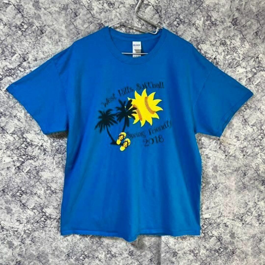 GILDAN(ギルタン)のGILDAN ギルダン　プリントTシャツ　XL 青　アメカジ　メンズ　レディース レディースのトップス(Tシャツ(半袖/袖なし))の商品写真