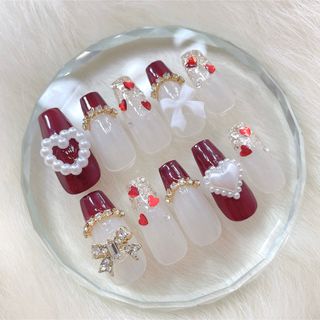 ネイルチップ　ハンドメイド　バレンタイン　ハート　リボン(ネイルチップ)