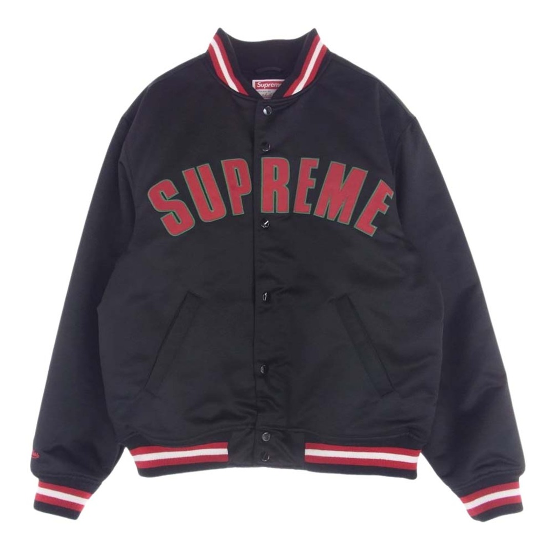 約63cm身幅Supreme シュプリーム ジャケット 21SS × Mitchell & Ness ミッチェル＆ネス Satin Varsity Jacket サテン バーシティ ジャケット ロゴ スタジャン ブラック系 M