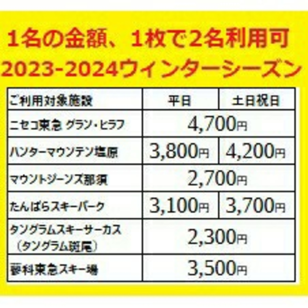 1枚で大人2名可リフト券割引券グランヒラフハンタマたんばらタングラム斑尾他③ チケットの施設利用券(スキー場)の商品写真