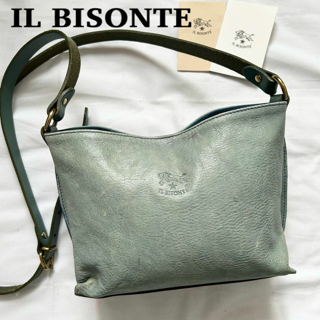 IL BISONTE(イルビゾンテ)の✨高級感✨即完　イルビゾンテ　ショルダーバッグ　レザー　グレー　ブルー レディースのバッグ(ショルダーバッグ)の商品写真