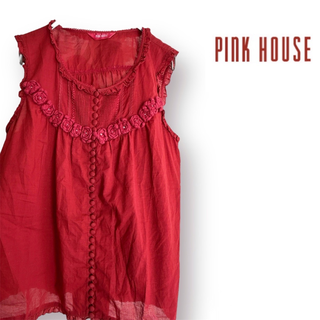 PINK HOUSE(ピンクハウス)の【美品】ピンクハウス ノースリーブ ブラウス レッド 花 フリル レディースのトップス(シャツ/ブラウス(半袖/袖なし))の商品写真