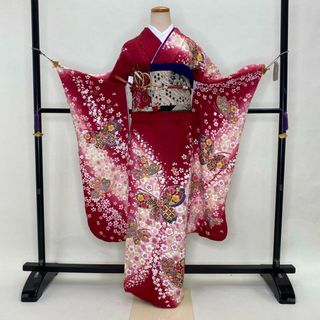 振袖 フルセット 赤系 ワインレッド カラフルな蝶 桜 正絹 共通 振袖 フルセット 赤系 ワインレッド カラフルな蝶 桜 正絹 共通