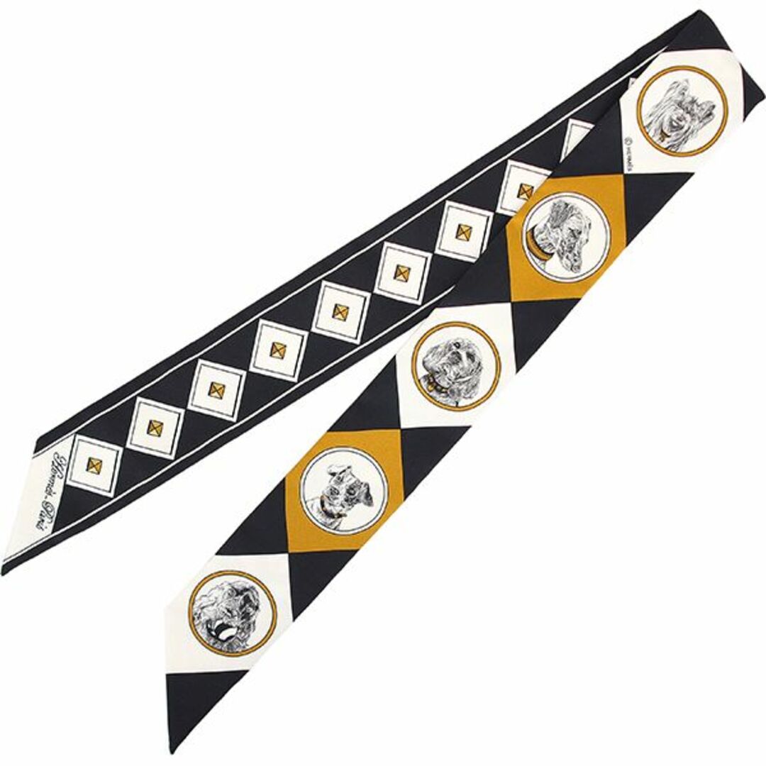 HERMES - エルメス ツイリー 首輪と犬 シルク ブラック ホワイト HERMES - エルメス ツイリー 首輪と犬 シルク ブラック ホワイト