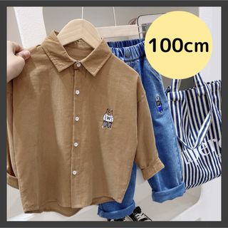 キッズ コーデュロイ シャツ 100 ブラウン 長袖 くま ワンポイント 韓国(ブラウス)