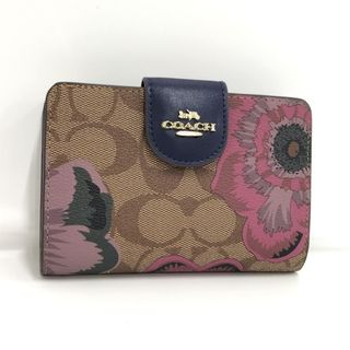 コーチ(COACH)のCOACH 二つ折り財布 フラワー シグネチャー PVC ベージュ ネイビー(財布)