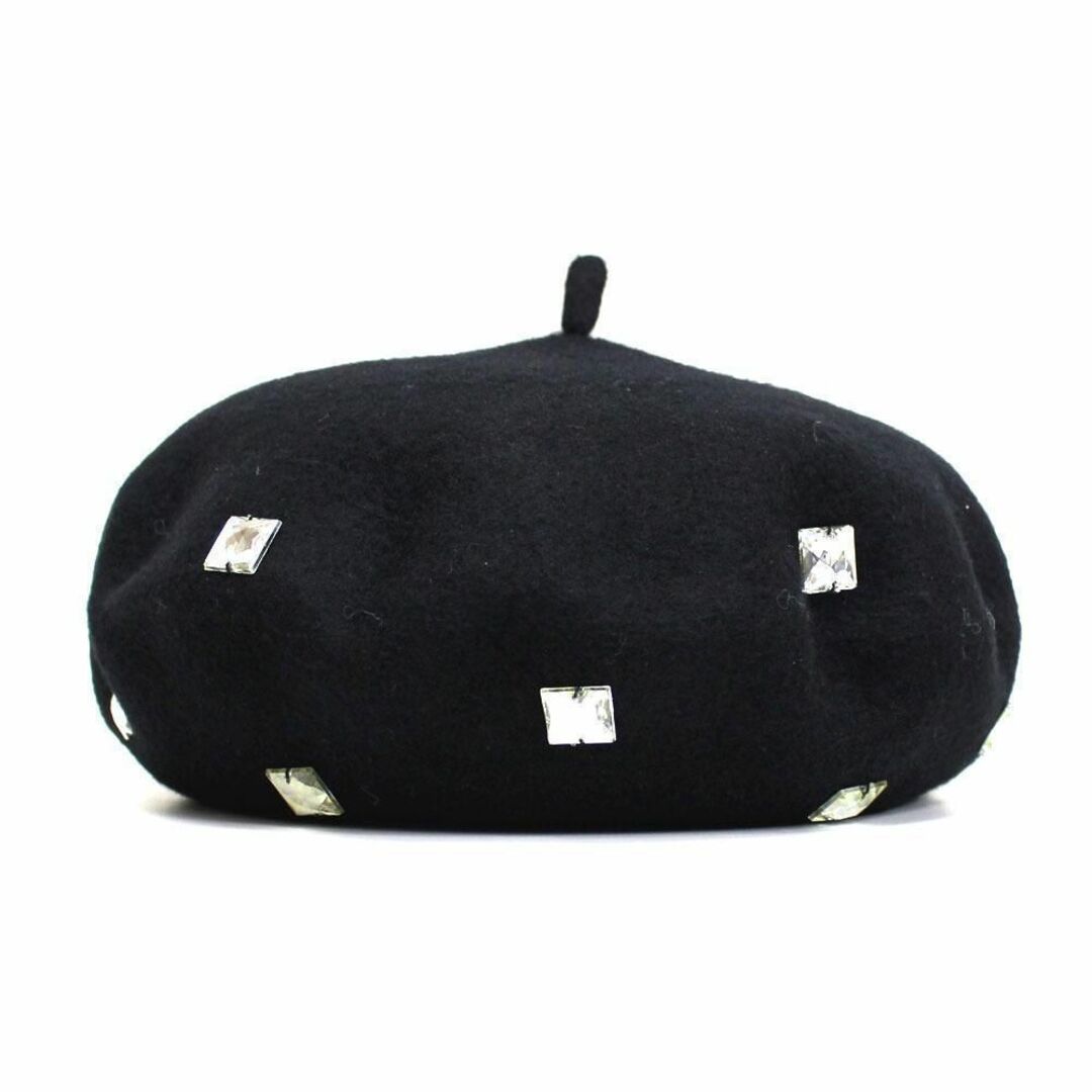 セール 帽子 秋冬 ベレー帽 おしゃれ帽子 ウールベレーラインストーン ブラック レディースの帽子(ハンチング/ベレー帽)の商品写真