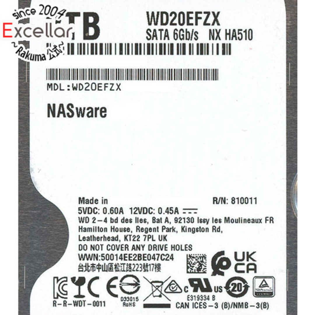 Western Digital(ウェスタンデジタル)のWestern Digital製HDD　WD20EFZX　2TB SATA600 5400　0～100時間以内 スマホ/家電/カメラのPC/タブレット(PC周辺機器)の商品写真