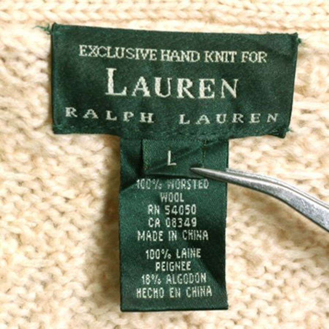 Ralph Lauren(ラルフローレン)の90s 手編み LAUREN ラルフローレン ショールカラー ケーブル ハンド ニット セーター レディース L / ポロ ウール カーディガン ナチュラル レディースのトップス(ニット/セーター)の商品写真