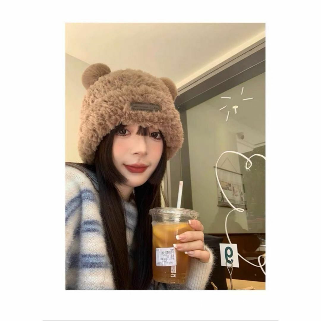 くま耳 熊 ふわふわ レディース ボア 防寒 帽子 韓国 ガーリー ブラウン 茶 レディースの帽子(ニット帽/ビーニー)の商品写真