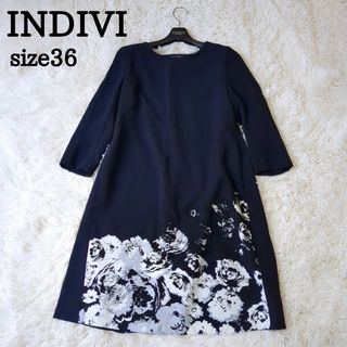 インディヴィ(INDIVI)の【美品】INDIVI インディヴィ ワンピース 花柄 ロング 七分袖 紺 36(ロングワンピース/マキシワンピース)