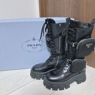 プラダ(PRADA)の【PRADA】モノリス　ロングブーツ　36  レザー　編み上げ【23.5cm】(ブーツ)