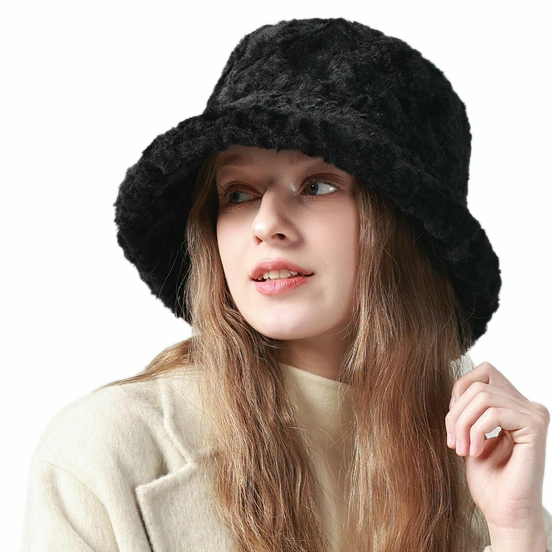 【色: ブラック】帽子 冬用 ハット 冬用 バケットハット 厚手 もこもこ 防寒 レディースのファッション小物(その他)の商品写真