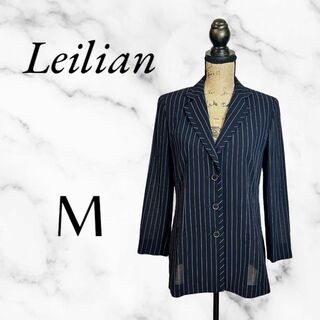 レリアン(leilian)の【Leilian】ロングテーラードジャケット　ウール　ストライプ　薄手　紺　M(テーラードジャケット)