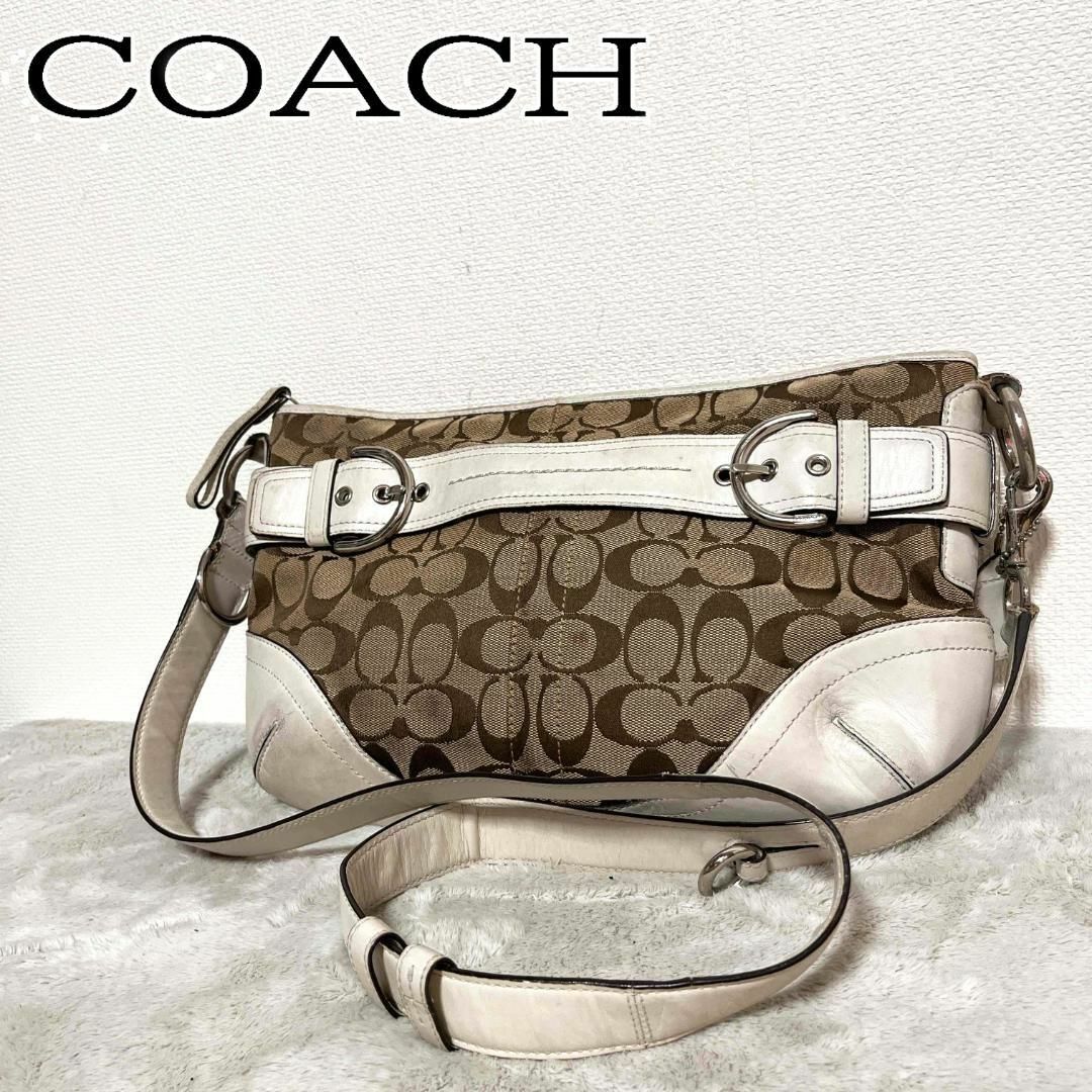 COACH(コーチ)の美品✨COACH コーチショルダーバッグハンドバッグブラウンホワイトシグネチャー レディースのバッグ(ショルダーバッグ)の商品写真