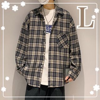 トレンド シャツ モダンカジュアル スタイリッシュ グレー メンズ チェック L(シャツ)