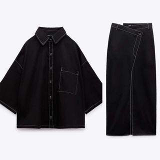 ザラ(ZARA)のZARA コントラストステッチセットアップ　シャツM  スカートXS(カットソー(半袖/袖なし))