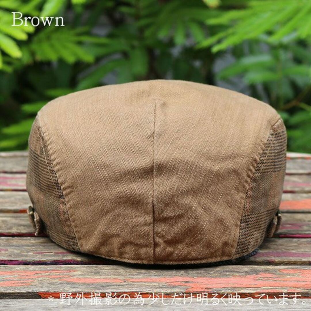 ハンチング 帽子 メンズ レディース コットンチェック つばロング ブラウン メンズの帽子(ハンチング/ベレー帽)の商品写真