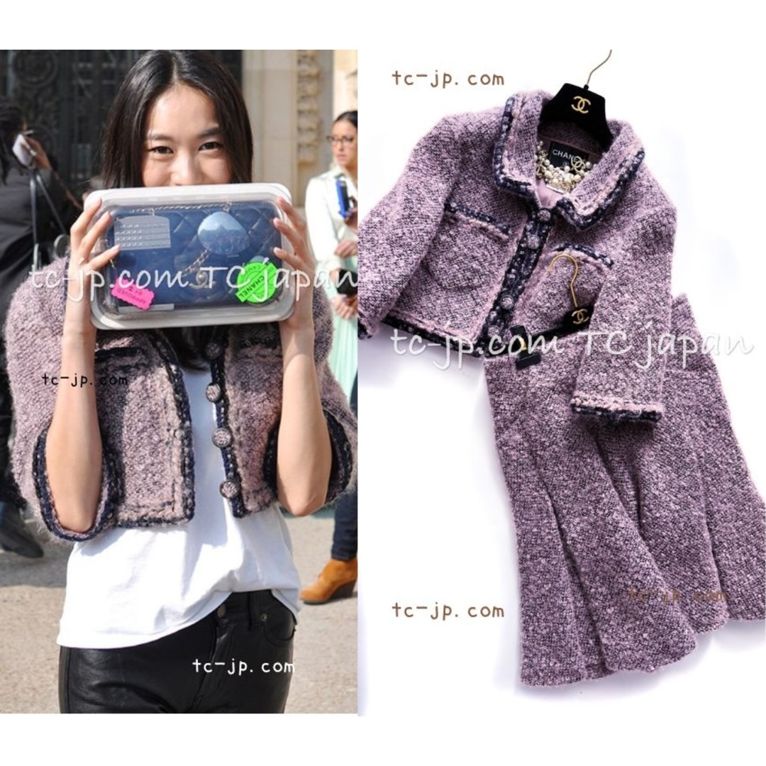 CHANEL(シャネル)のシャネル スーツ CHANEL ラベンダー  モス ピンク モヘア コットン もこもこ プードル ツイード ジャケット スカート 超美品 38 40 レディースのフォーマル/ドレス(スーツ)の商品写真