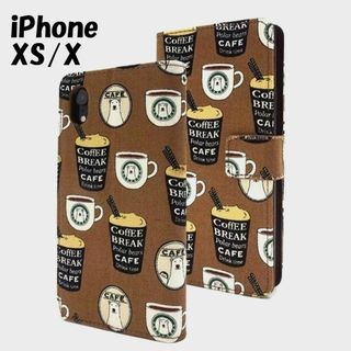 アイフォーン(iPhone)のiPhone XS/X：白くま カフェ ロゴ風 手帳型 フリップケース★ブラウン(iPhoneケース)