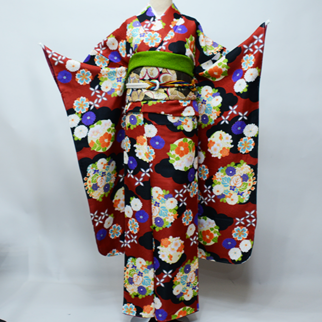 振袖 着物 単品 合繊 仕立て上がり 花ひめ 小紋柄 赤系 NO39684