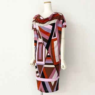 エミリオプッチ(EMILIO PUCCI)の48a30 《美品》 EMILIO PUCCI エミリオプッチ ドレープワンピース 36 ピンク ドレス 半袖 イタリア製 総柄 春夏(ひざ丈ワンピース)