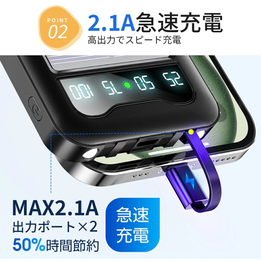 モバイルバッテリー 20000mAh LEDライト ソーラーパネル スマホ/家電/カメラのスマートフォン/携帯電話(バッテリー/充電器)の商品写真