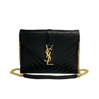 サンローラン(Saint Laurent)の極 美品 SAINT LAURENT PARIS サンローランパリ カサンドラ ロゴ 金具 レザー チェーン ミニ ショルダーバッグ ブラック 黒 31699(ショルダーバッグ)