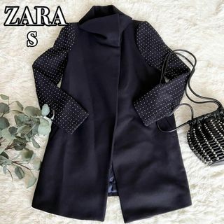 ザラ(ZARA)のZARA ロングコート スタッツ付き袖 紺 チェスター  スタンドカラー 美品✨(ロングコート)