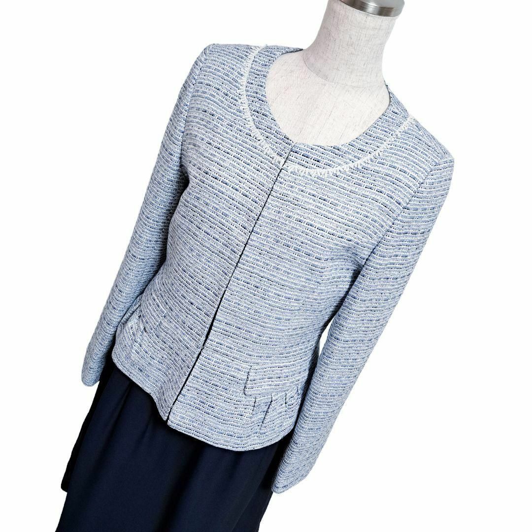 フォーマル ノーカラージャケット ツイード セットアップ スーツ ブルー M レディースのフォーマル/ドレス(スーツ)の商品写真