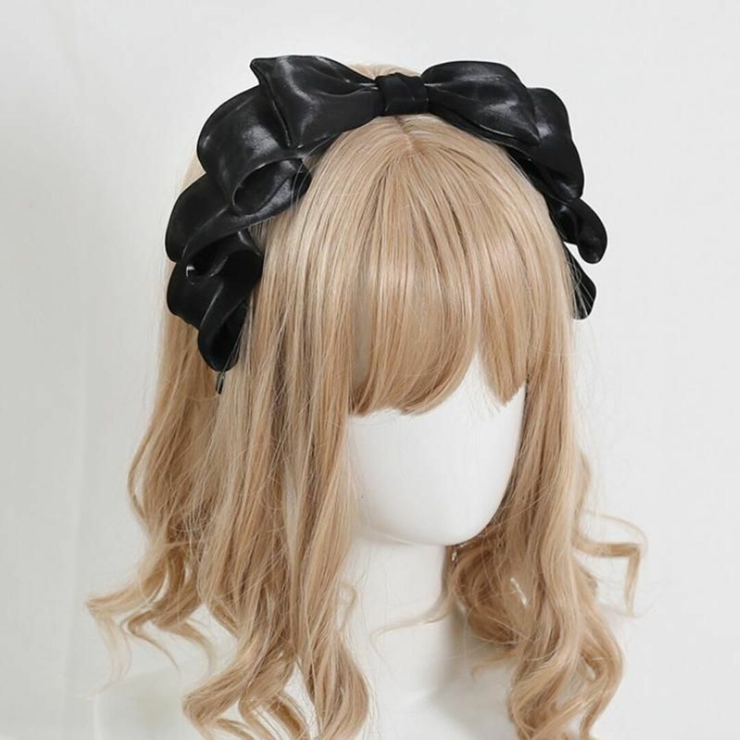 リボン カチューシャ ブラック 黒 メイド ロリータ ヘッド ドレス パーティー レディースのヘアアクセサリー(カチューシャ)の商品写真