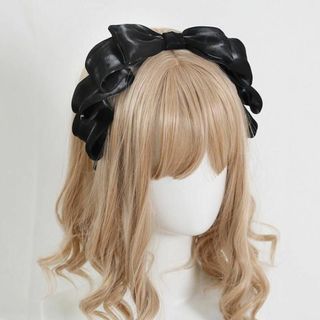 リボン カチューシャ ブラック 黒 メイド ロリータ ヘッド ドレス パーティー(カチューシャ)