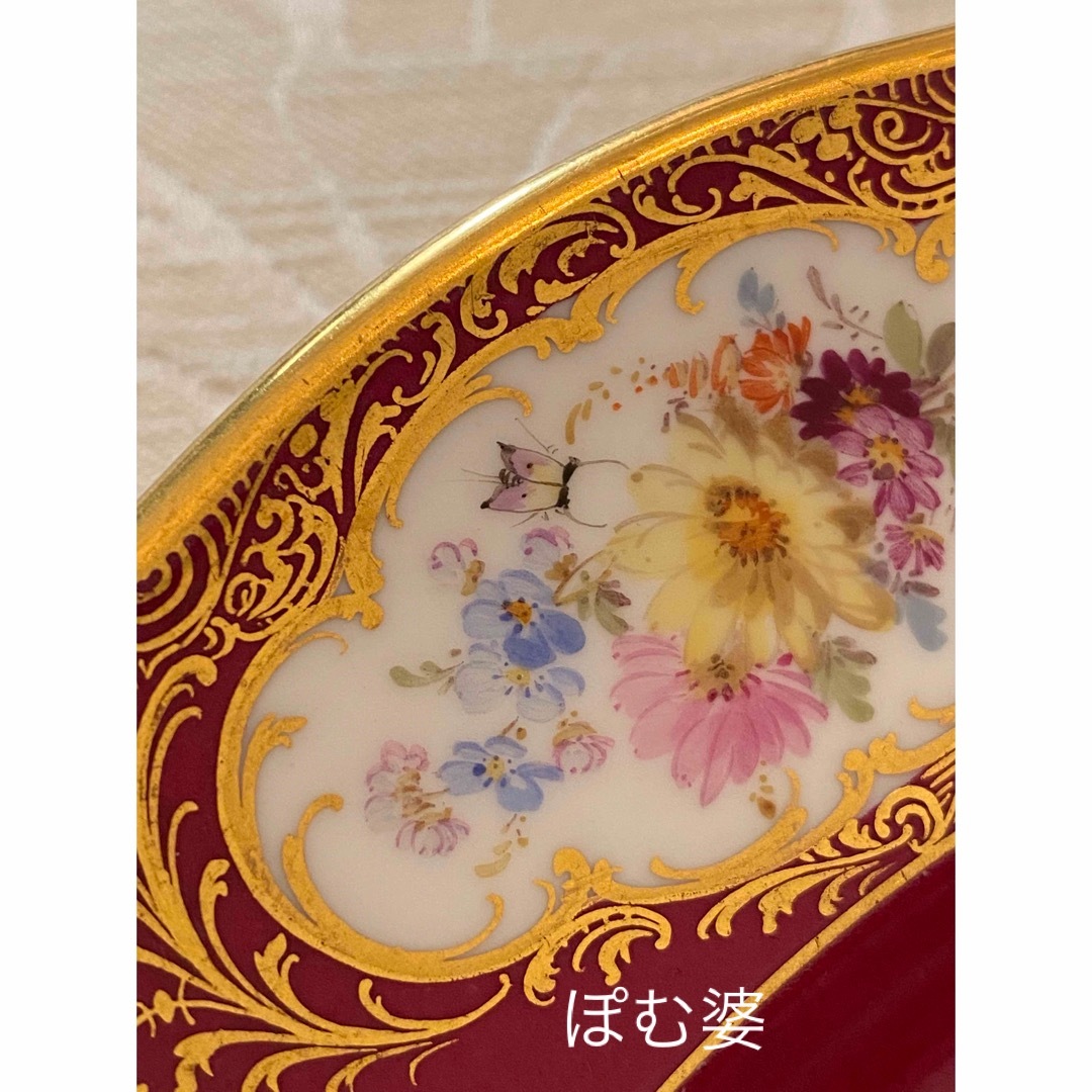 MEISSEN - 【古マイセン】深い臙脂/3つ窓 22金彩 飾り皿「恋人 MEISSEN - 【古マイセン】深い臙脂/3つ窓 22金彩 飾り皿「恋人