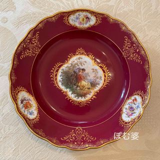 MEISSEN - 【古マイセン】深い臙脂/3つ窓 22金彩 飾り皿「恋人 MEISSEN - 【古マイセン】深い臙脂/3つ窓 22金彩 飾り皿「恋人