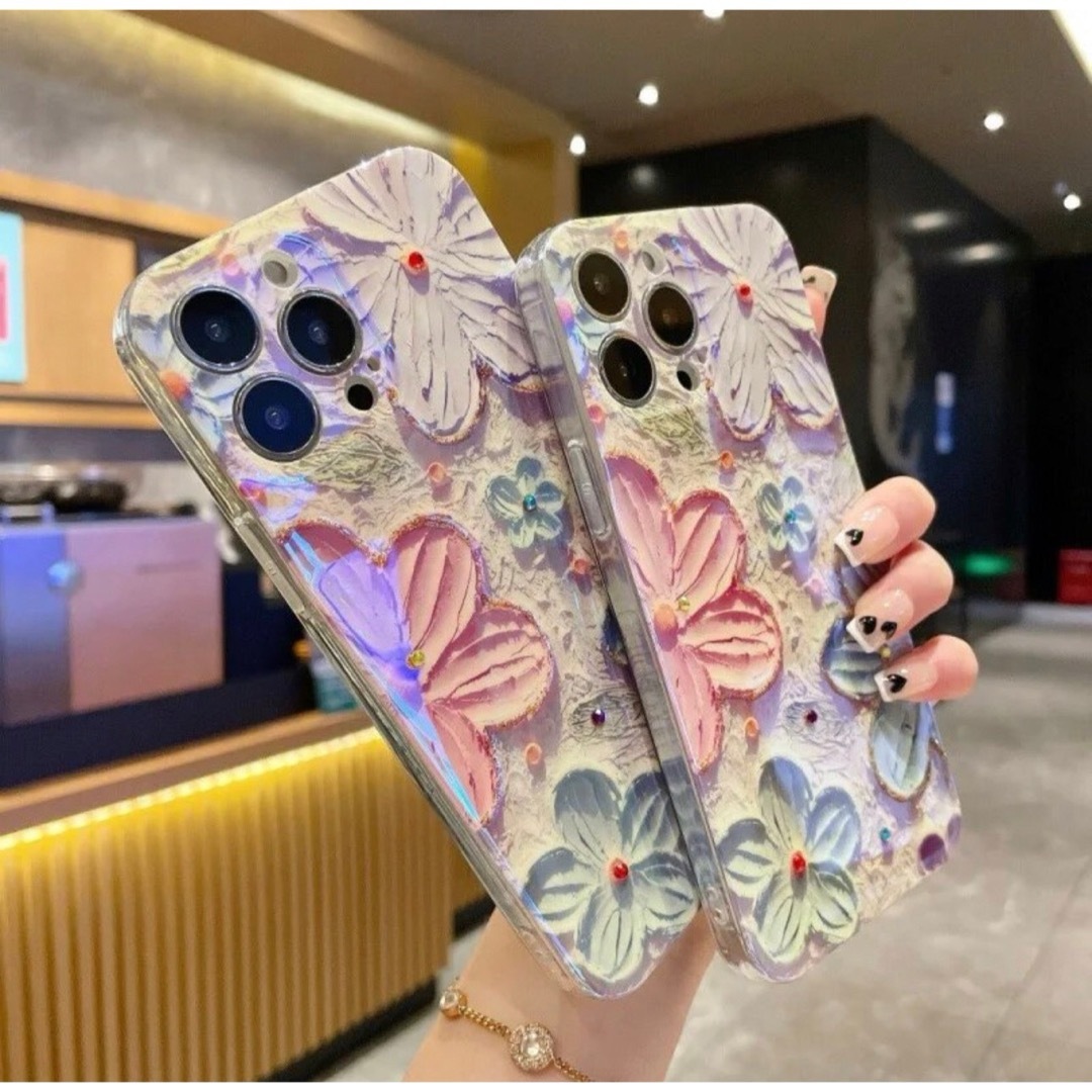 iPhone15 ケース 花柄 ピンク  油絵風 立体感 おしゃれ 韓国 可愛い スマホ/家電/カメラのスマホアクセサリー(iPhoneケース)の商品写真