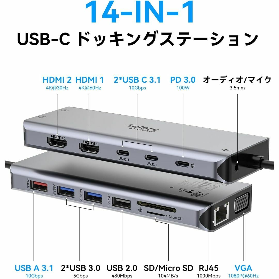 【14in1】USB C ドッキングステーション type-c ハブ スマホ/家電/カメラのPC/タブレット(PC周辺機器)の商品写真