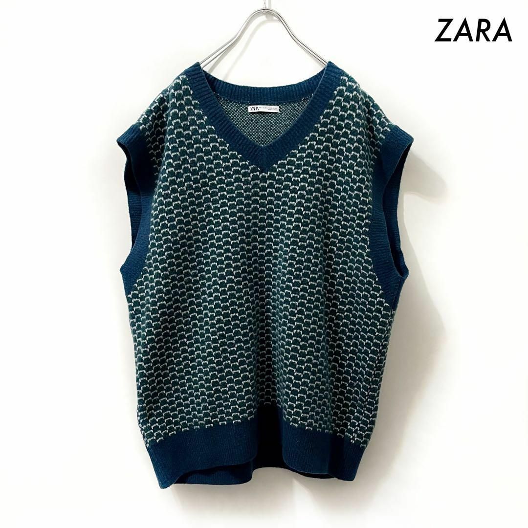 ZARA(ザラ)のZARA ザラ★総柄 Vネックニットベスト ビッグサイズ グリーン 緑 メンズのトップス(ベスト)の商品写真