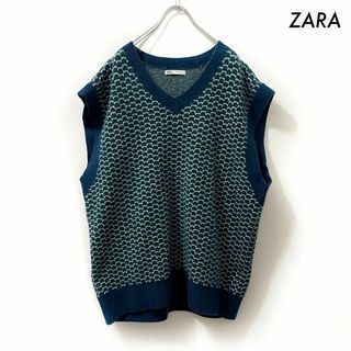 ザラ(ZARA)のZARA ザラ★総柄 Vネックニットベスト ビッグサイズ グリーン 緑(ベスト)