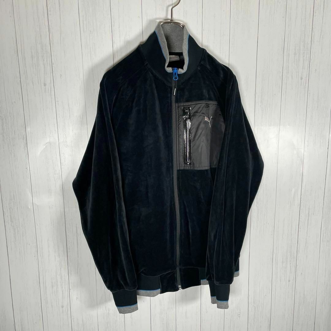 PUMA(プーマ)の[古着]PUMA　セットアップ　トラックジャケット　ベロア　刺繍　ラグラン　黒 メンズのスーツ(セットアップ)の商品写真