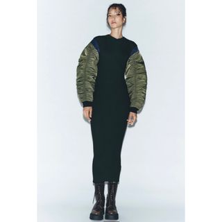 ザラ(ZARA)のZARA  コントラストナイロンミディワンピース　L(ロングワンピース/マキシワンピース)