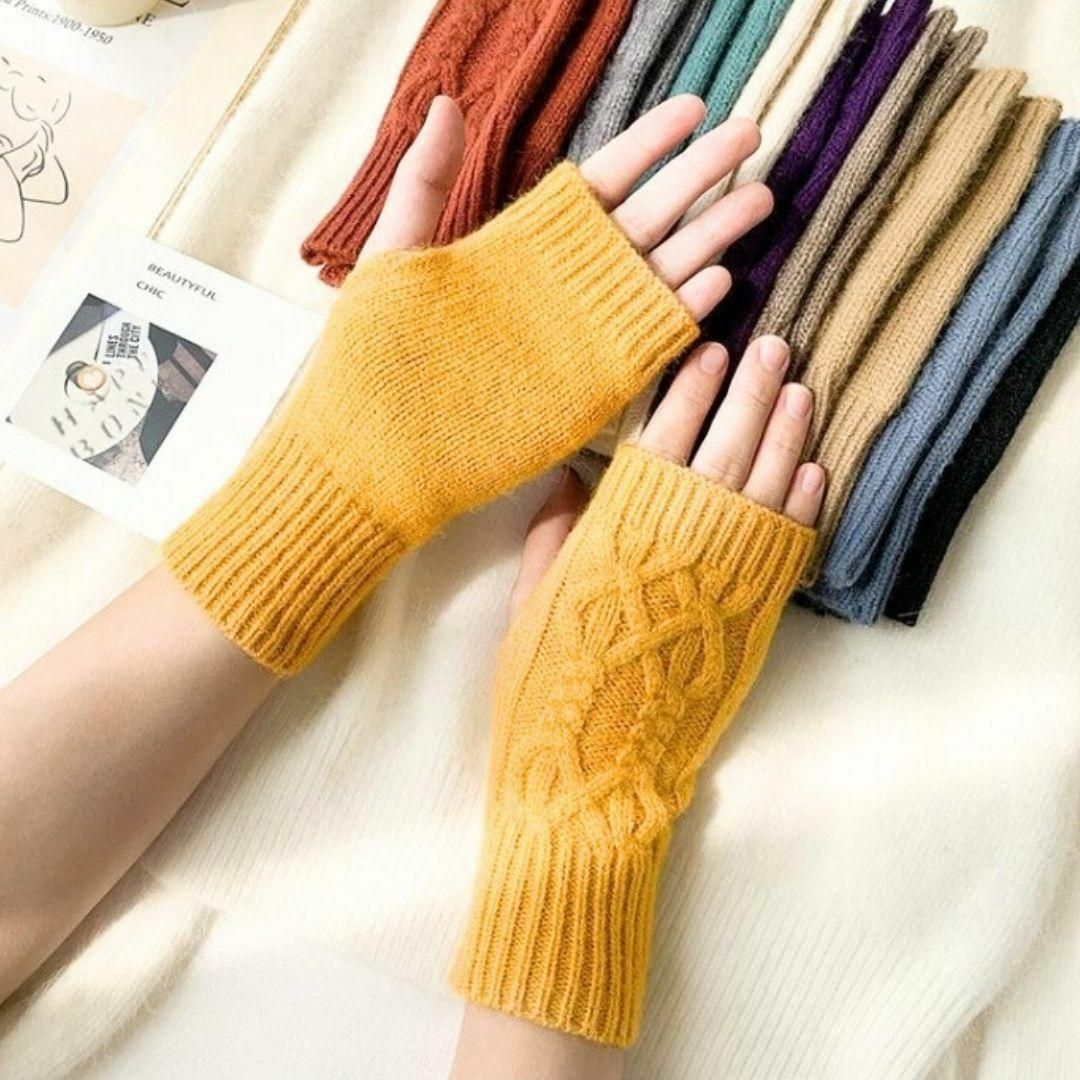 レディース ニット手袋 暖かい モコモコ 指なし スマホ対応 5本指 黄色 レディースのファッション小物(手袋)の商品写真